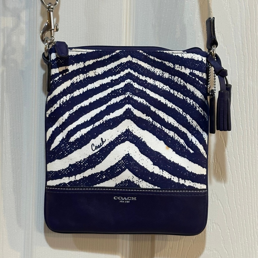 Coach Zebra‎ Print Canvas Leather Crossbody Bag Navy White Swingpack Tassel